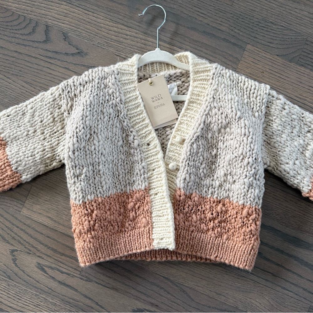 Chunky Knit Kids Cardigan - Cream and Tan